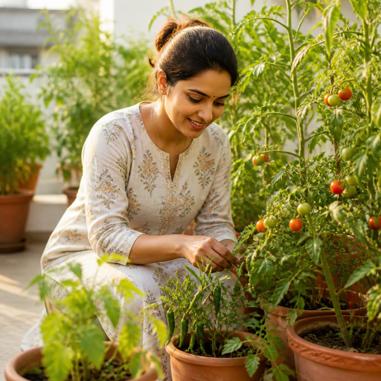 A home gardener caring for healthy potted vegetable plants on an Indian terrace garden
